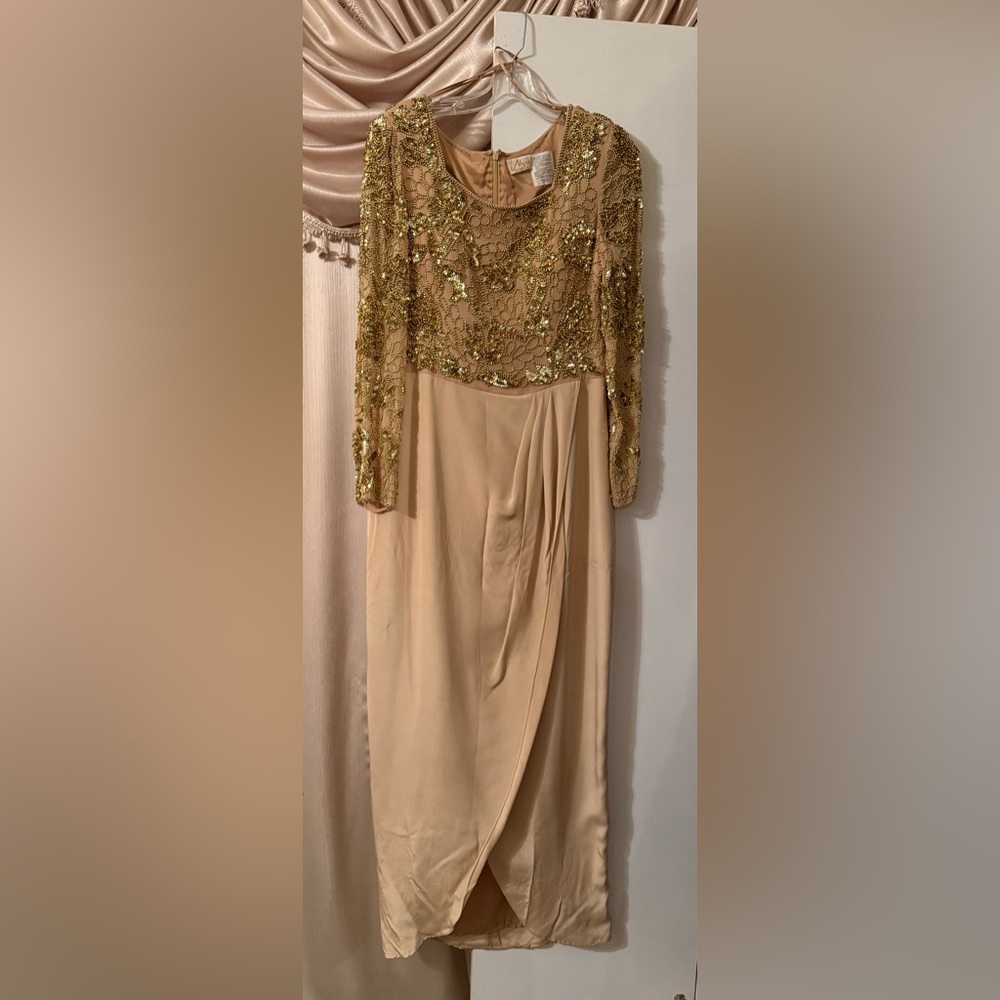 Alyce Designs Elegant Gold Beaded Sequined Embellished Evening Dress Y2K